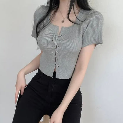 Short-Sleeve Scoop Neck Plain Lace Up Knit Top mySite