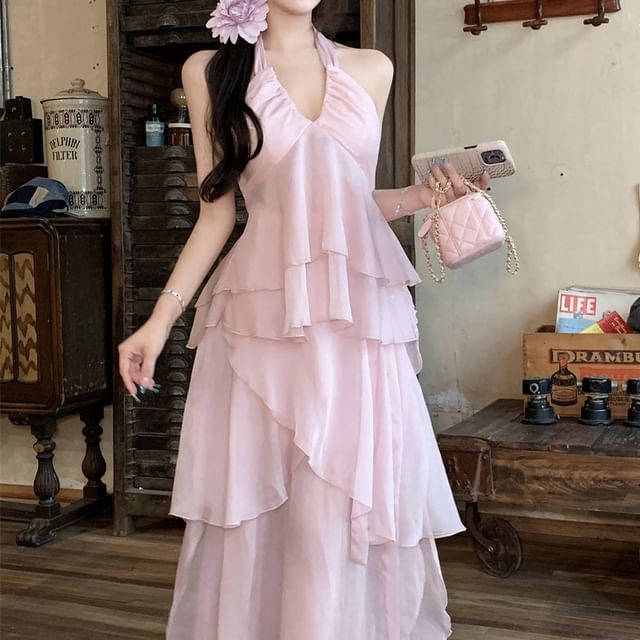 Plain V-Neck A-Line Top Maxi / Cami Flowy Skirt FashionChic