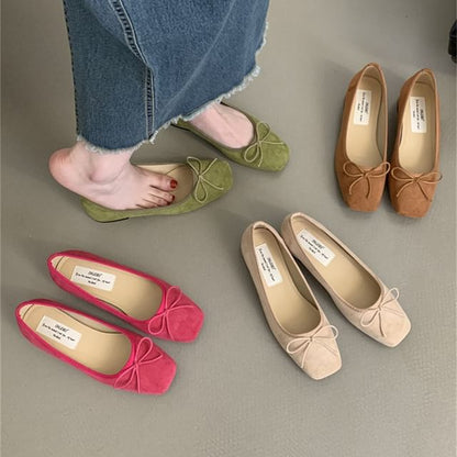 Square Toe Bow Faux Suede Flats mySite