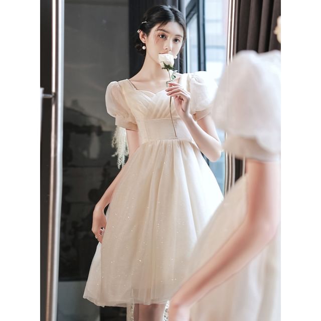 / Gown Party V-Neck Dress Evening Short-Sleeve Glitter A-Line FashionChic