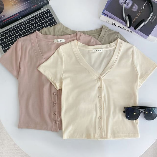 Short-Sleeve V-Neck Plain Button Crop T-Shirt mySite