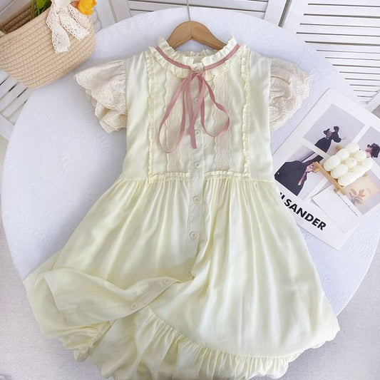 Cap-Sleeve Bow Frill Trim Button A-Line Dress mySite