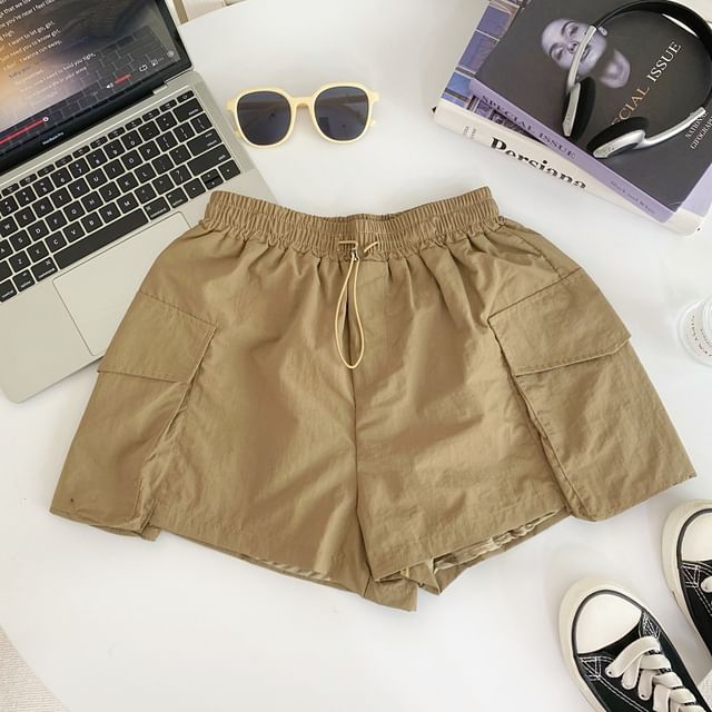 Drawstring Waist Plain Cargo Shorts mySite