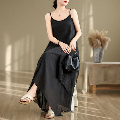 Spaghetti Strap Plain Asymmetrical Maxi A-Line Dress SpreePicky