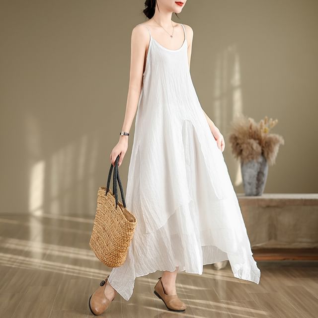 Spaghetti Strap Plain Asymmetrical Maxi A-Line Dress SpreePicky