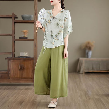 Set: Elbow-Sleeve V-Neck Floral Print Tie Front Wrap Top + High Waist Plain Wide Leg Pants SpreePicky