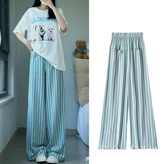 Button Applique High Rise Contrast Stripe Wide Leg Sweatpants SpreePicky