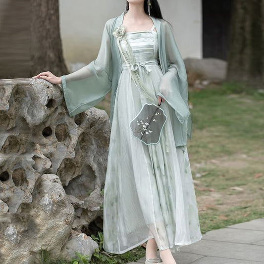 Traditional Chinese Spaghetti Strap Print Faux Pearl Midi A-Line Dress / Light Jacket / Flower Brooch SpreePicky