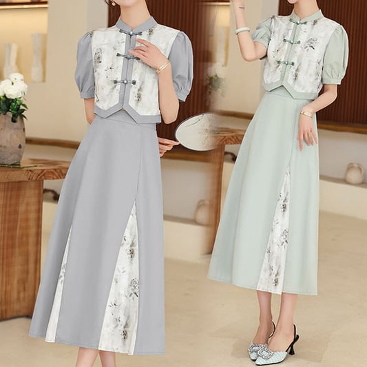 Set: Short-Sleeve Mandarin Collar Floral Panel Frog Button Cropped Blouse + High Waist Midi A-Line Skirt SpreePicky