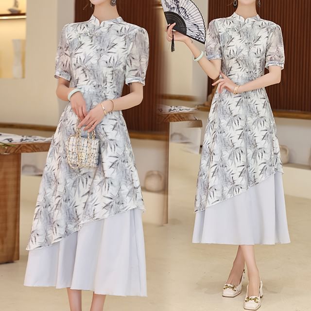 Short-Sleeve Leaf Print Panel Midi A-Line Qipao SpreePicky