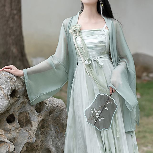 Traditional Chinese Spaghetti Strap Print Faux Pearl Midi A-Line Dress / Light Jacket / Flower Brooch SpreePicky