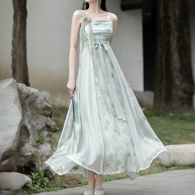 Traditional Chinese Spaghetti Strap Print Faux Pearl Midi A-Line Dress / Light Jacket / Flower Brooch SpreePicky