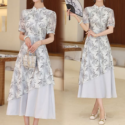 Short-Sleeve Leaf Print Panel Midi A-Line Qipao SpreePicky