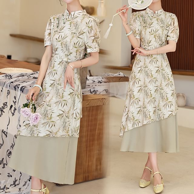 Short-Sleeve Leaf Print Panel Midi A-Line Qipao SpreePicky