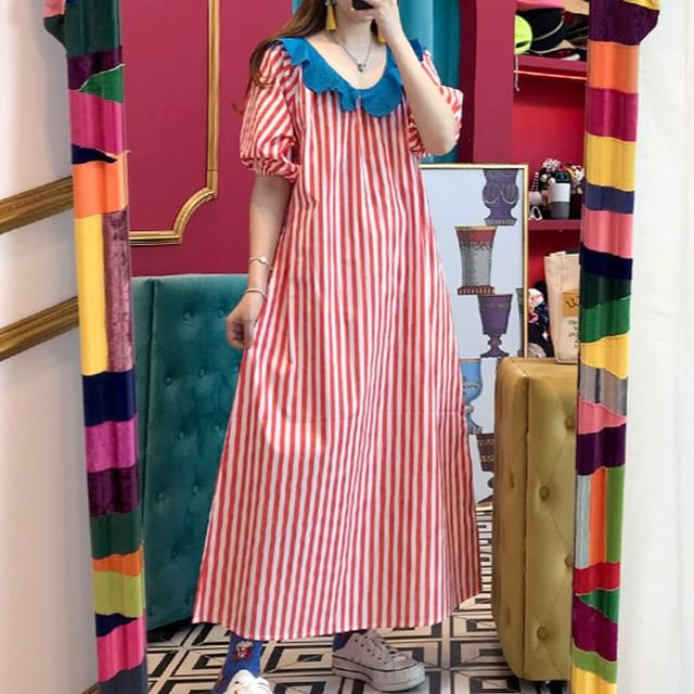 Short-Sleeve Ruffle Striped Maxi A-Line Dress SpreePicky