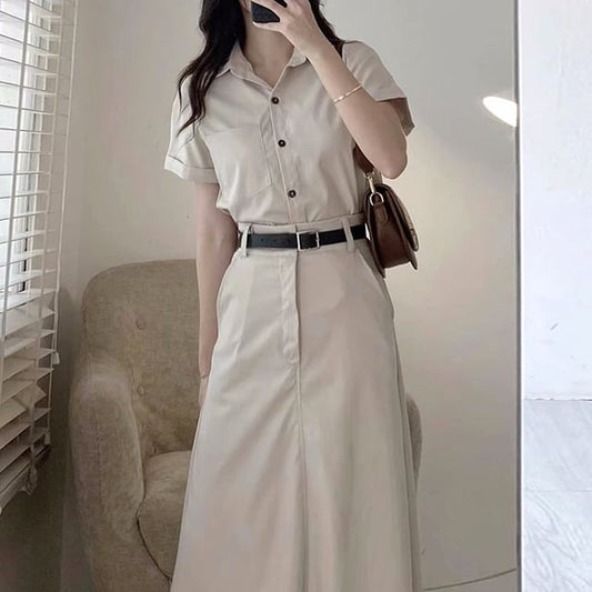 Short-Sleeve Plain Shirt / High Rise Maxi A-Line Skirt / Belt / Set SpreePicky