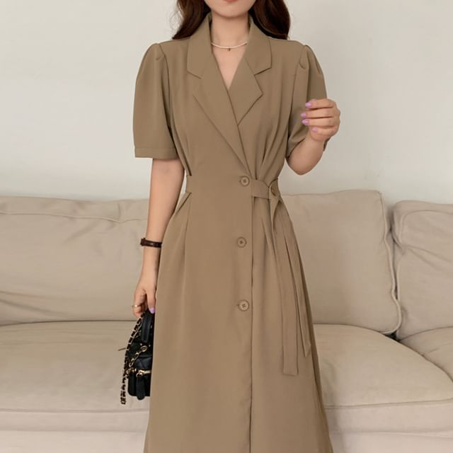 Short-Sleeve Button-Up Sashed Plain Midi A-Line Dress mySite