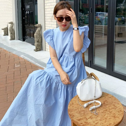 Short-Sleeve Ruffle Plain Maxi A-Line Dress mySite