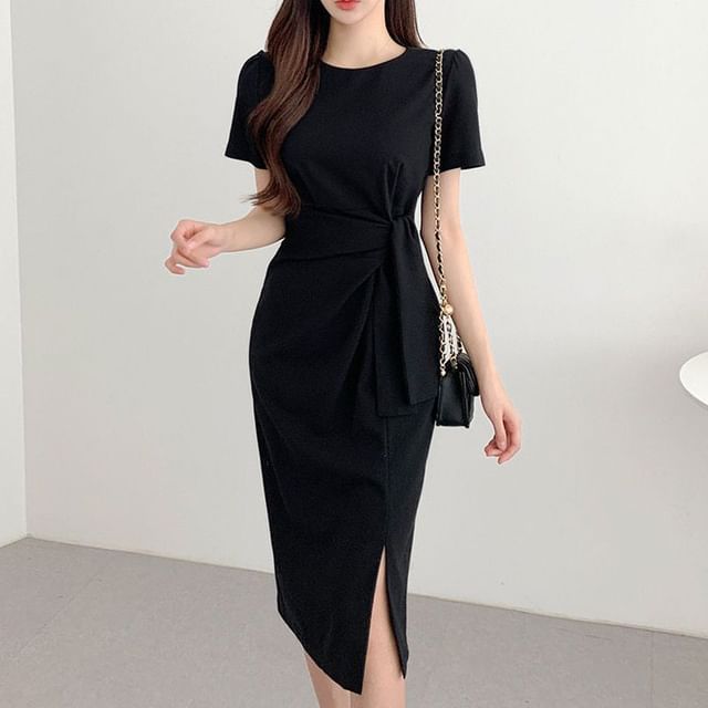 Short-Sleeve Crewneck Sashed Plain Midi Sheath Dress SpreePicky