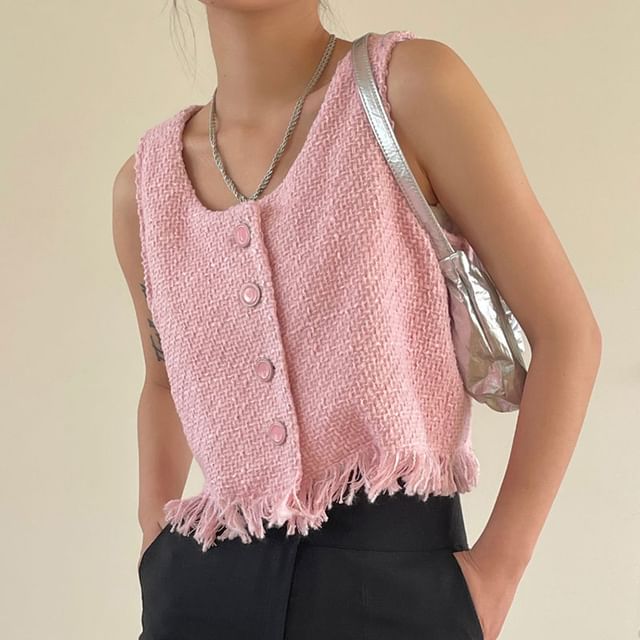 U-Neck Button-Up Plain Crop Vest mySite