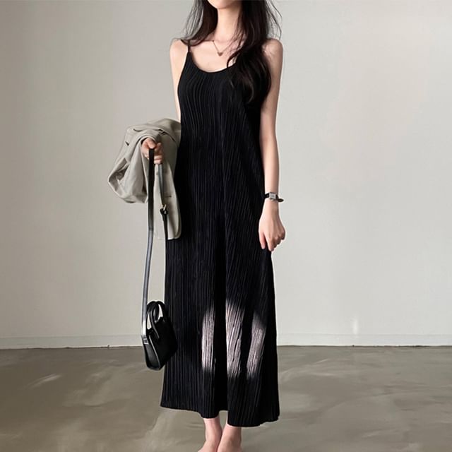 Sleeveless Ribbed Plain Maxi A-Line Dress SpreePicky