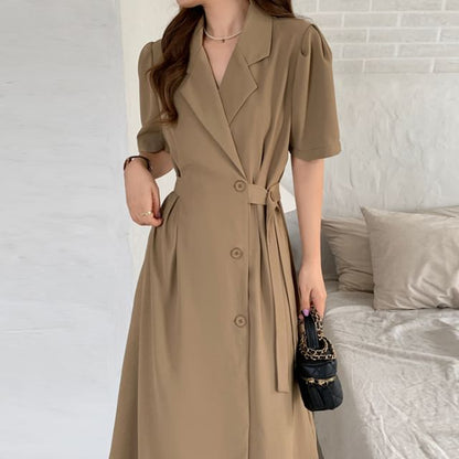 Short-Sleeve Button-Up Sashed Plain Midi A-Line Dress mySite