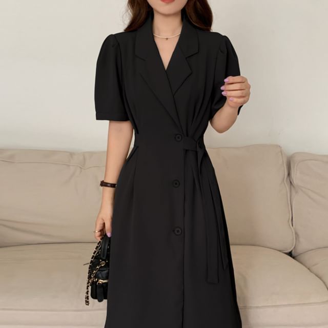 Short-Sleeve Button-Up Sashed Plain Midi A-Line Dress mySite