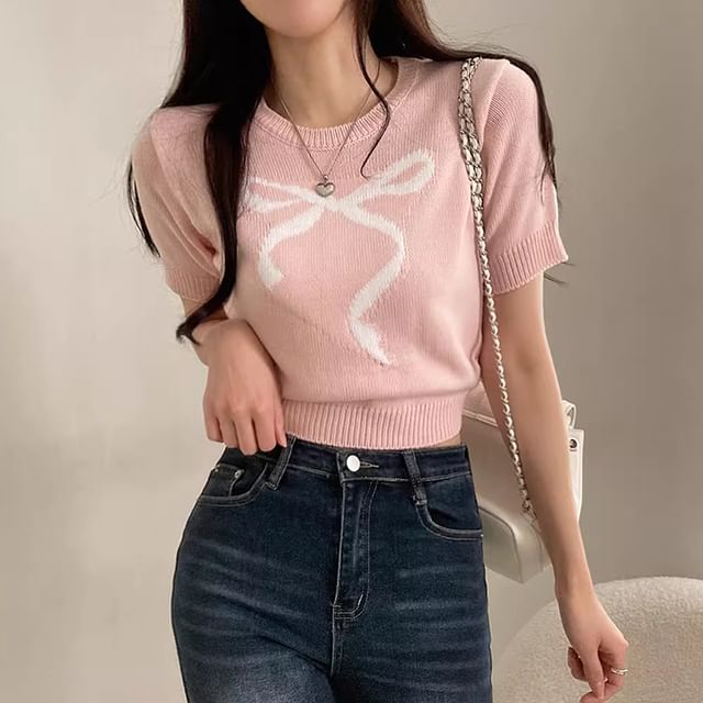 Short-Sleeve Crewneck Ribbon Jacquard Plain Knit Top SpreePicky