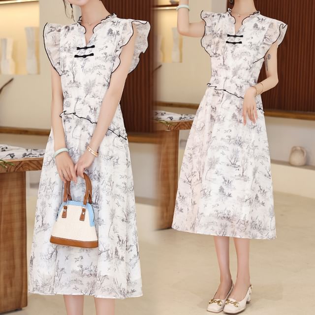 Cap-Sleeve Print Frog Button Midi A-Line Dress SpreePicky