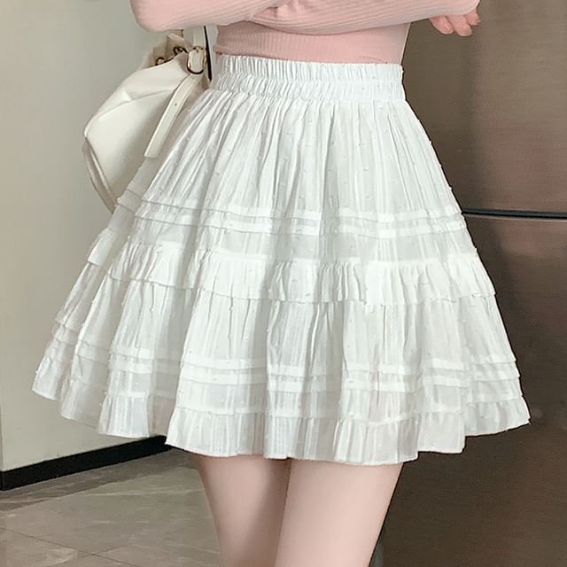 High Waist Plain Frill Trim Pintuck Tiered Mini A-Line Skirt mySite