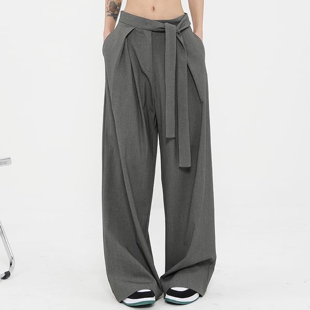 Low Rise Tie-Rise Plain Loose-Fit Wide-Leg Pants SpreePicky