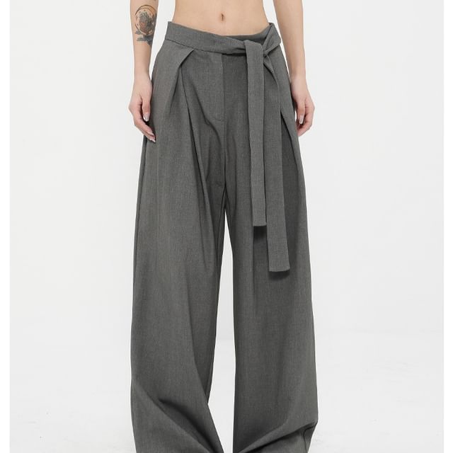 Low Rise Tie-Rise Plain Loose-Fit Wide-Leg Pants SpreePicky