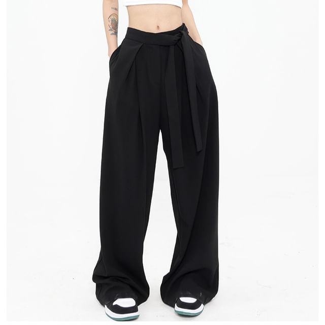 Low Rise Tie-Rise Plain Loose-Fit Wide-Leg Pants SpreePicky