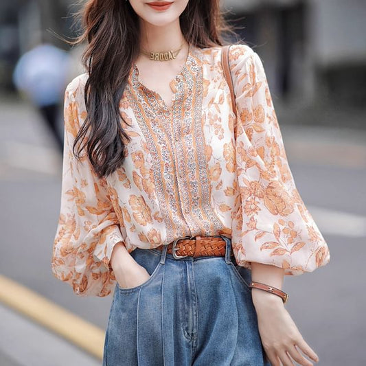 Balloon Sleeve Band Collar Floral Print Blouse SpreePicky