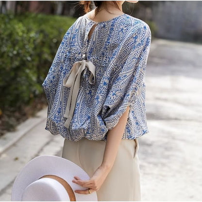 Balloon Sleeve Round Neck Floral Print Tie Back Blouse SpreePicky