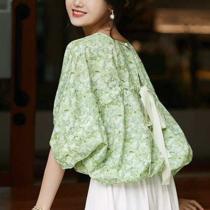 Balloon Sleeve Round Neck Floral Print Tie Back Blouse SpreePicky