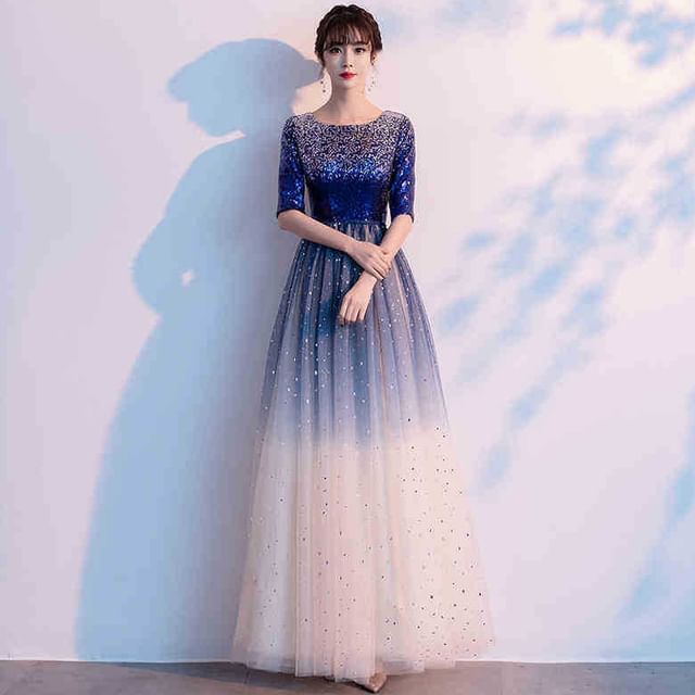 Elbow-Sleeve Sequin Mesh A-Line Evening Gown SpreePicky