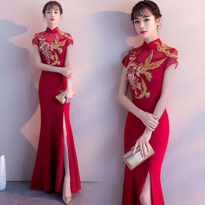 Traditional Chinese Cap-Sleeve Embroidered Mermaid Evening Gown SpreePicky