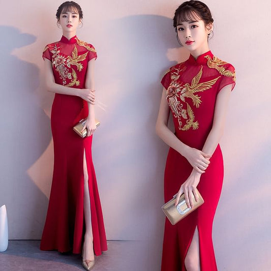 Traditional Chinese Cap-Sleeve Embroidered Mermaid Evening Gown SpreePicky