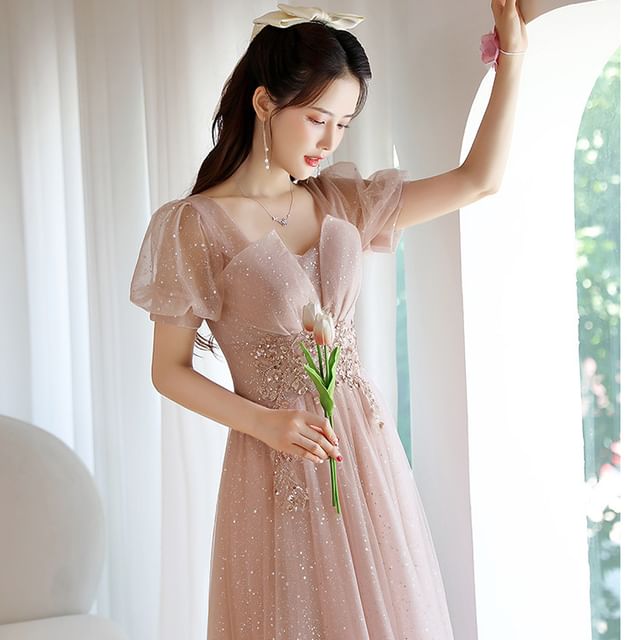 (Various Short-Sleeve Designs) A-Line Evening Gown Rhinestone Mesh FashionChic