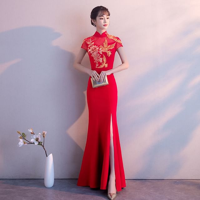 Traditional Chinese Cap-Sleeve Embroidered Mermaid Evening Gown SpreePicky