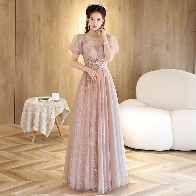 (Various Short-Sleeve Designs) A-Line Evening Gown Rhinestone Mesh FashionChic