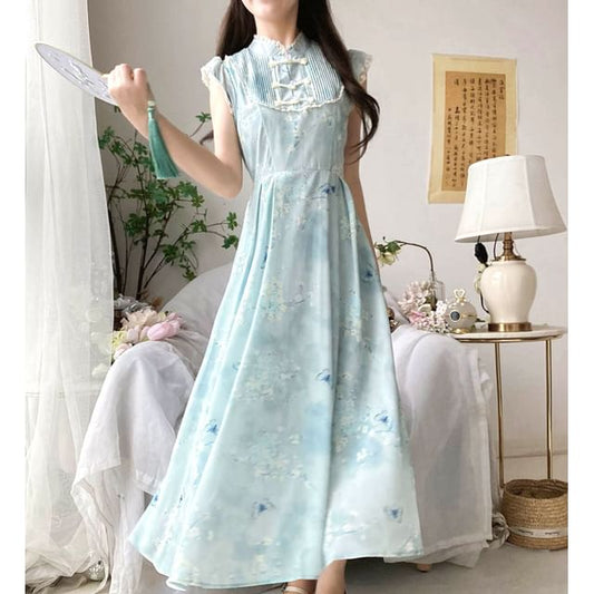 Cap-Sleeve Butterfly Print Lace Trim Maxi A-Line Dress mySite