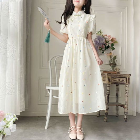 Puff-Sleeve Mock Neck Flower Embroidered Ruffle Midi A-Line Dress mySite