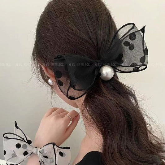 Dotted Bow Faux Pearl Hair Tie SpreePicky