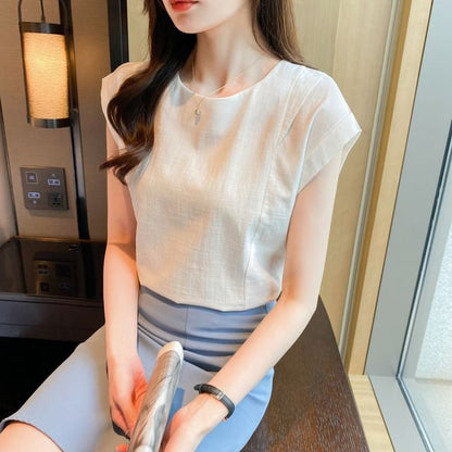 Sleeveless Linen Crew Neck Plain Top Egirldoll