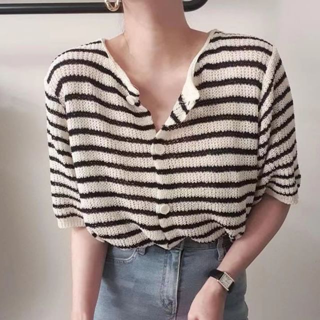 Short-Sleeve Striped Button-Up Cardigan SpreePicky