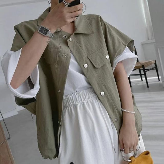 Short-Sleeve Button-Up Plain Shirt SpreePicky