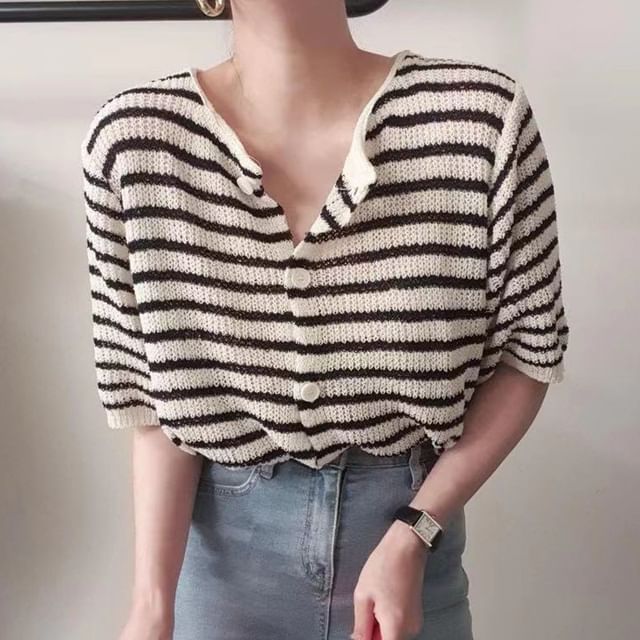 Short-Sleeve Striped Button-Up Cardigan SpreePicky