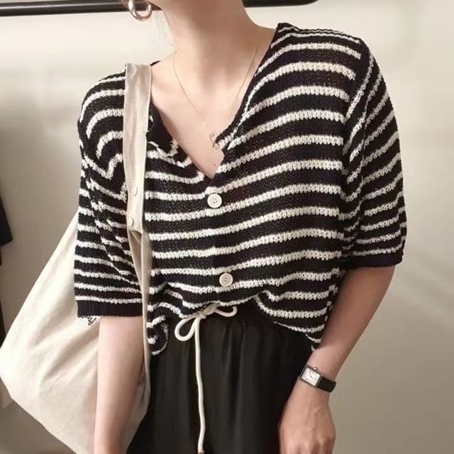 Short-Sleeve Striped Button-Up Cardigan SpreePicky